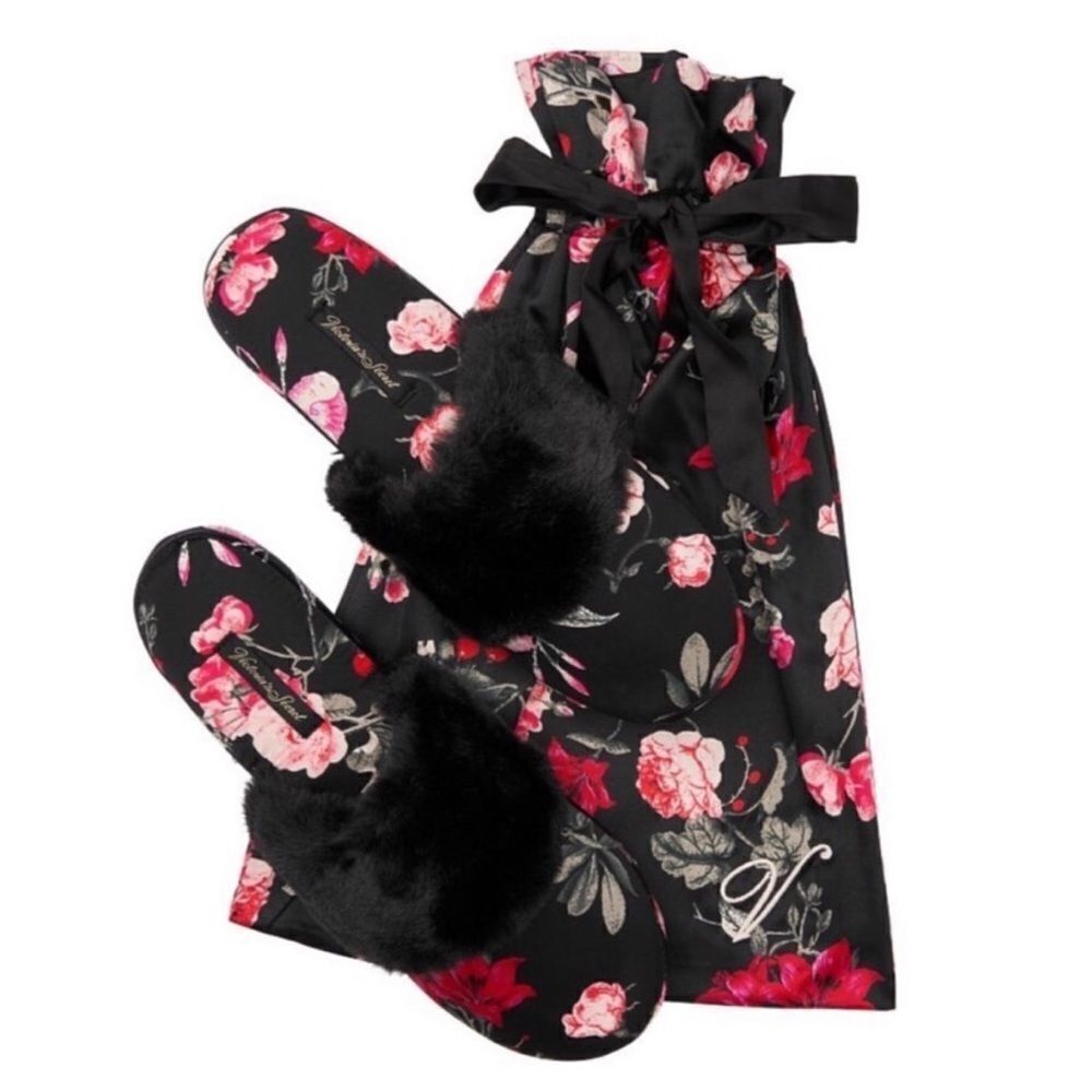 Victoria Secret Satin Floral Faux Fur Slippers with dust bag
